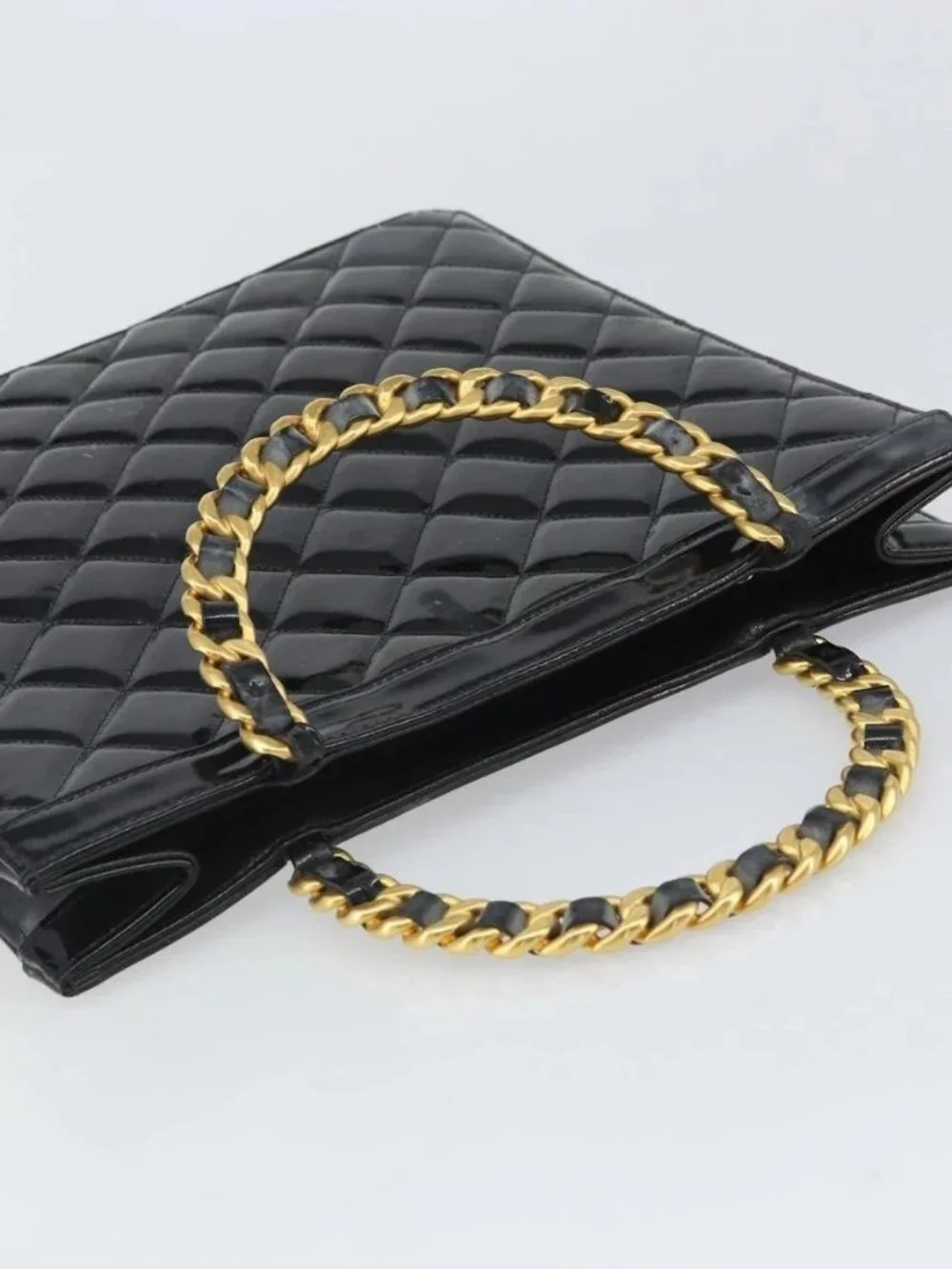 CHANEL Matelasse Hand Bag Patent leather Black Gold CC Auth BA9804